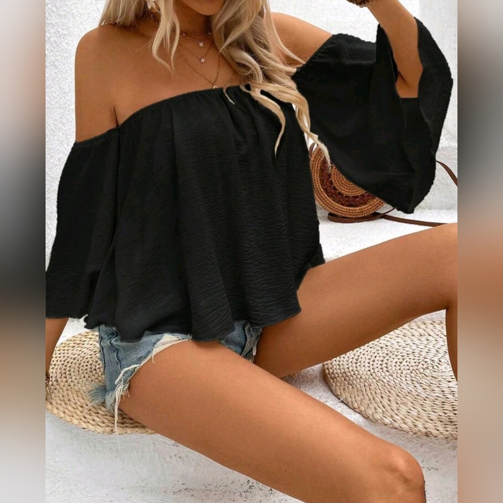 NEW Flowy Off Shoulder Half Sleeve Summer Top Black